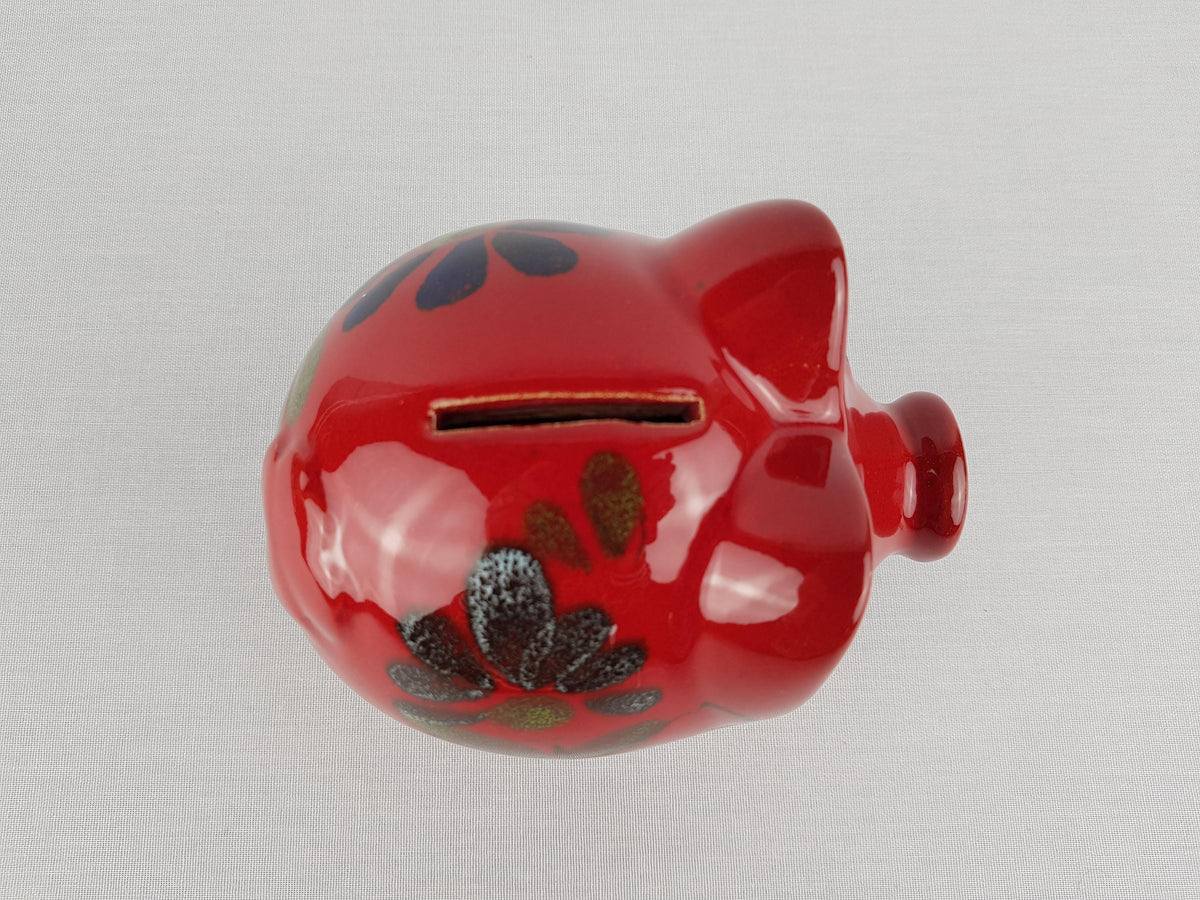 Vintage SCHEURICH KERAMIK Red Piggy Money Bank ''Clover'' Decor West German Pottery Fat Lava Era 1970s