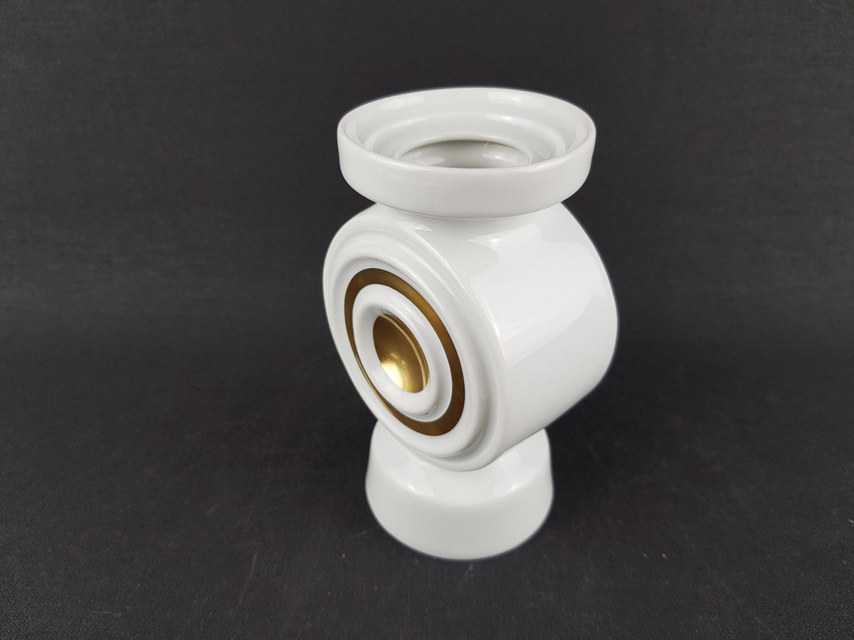 Vintage PLANKENHAMMER FLOSS BAVARIA White Porcelain Vase / Candle Holder with Golden Circle West Germany 1970s
