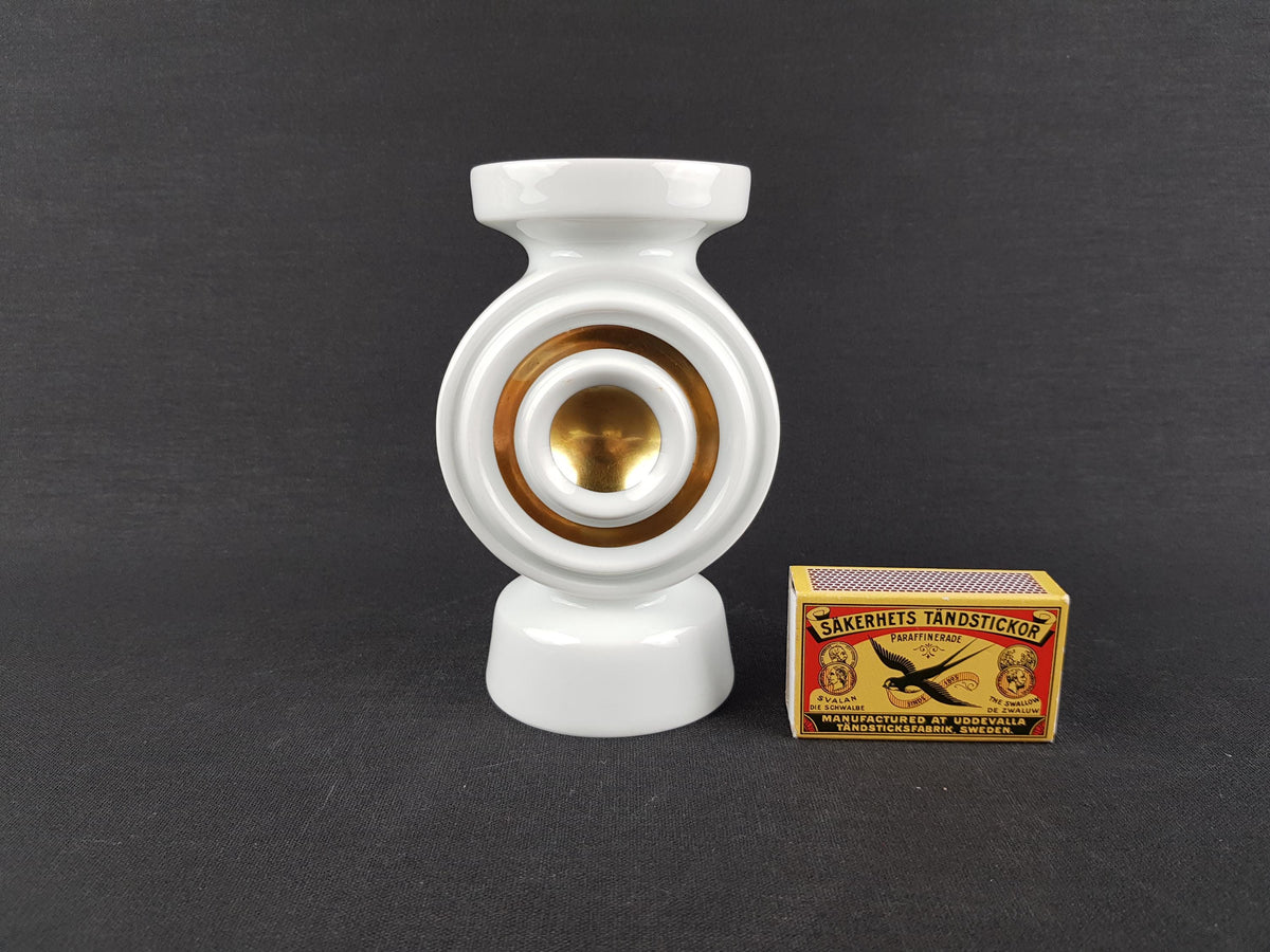 Vintage PLANKENHAMMER FLOSS BAVARIA White Porcelain Vase / Candle Holder with Golden Circle West Germany 1970s