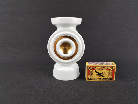 Vintage PLANKENHAMMER FLOSS BAVARIA White Porcelain Vase / Candle Holder with Golden Circle West Germany 1970s