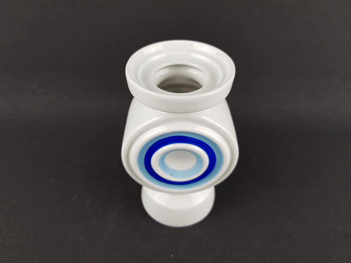 Vintage PLANKENHAMMER FLOSS BAVARIA White Porcelain Vase / Candle Holder with Light and Dark Blue Circles West Germany 1970s