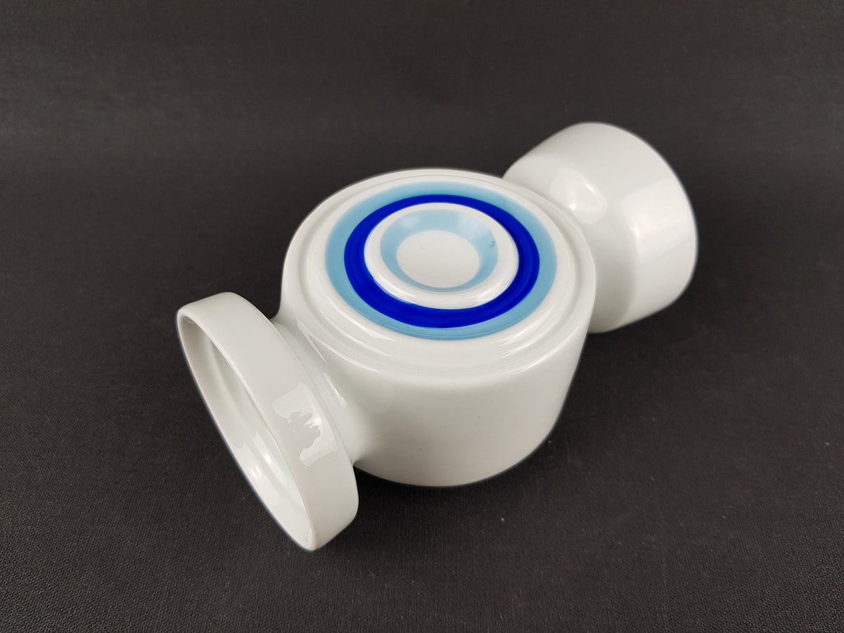 Vintage PLANKENHAMMER FLOSS BAVARIA White Porcelain Vase / Candle Holder with Light and Dark Blue Circles West Germany 1970s