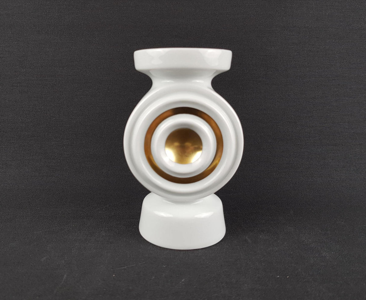 Vintage PLANKENHAMMER FLOSS BAVARIA White Porcelain Vase / Candle Holder with Golden Circle West Germany 1970s