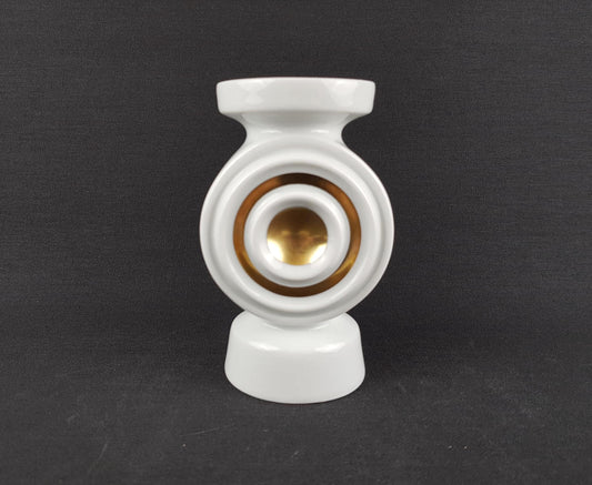 Vintage PLANKENHAMMER FLOSS BAVARIA White Porcelain Vase / Candle Holder with Golden Circle West Germany 1970s