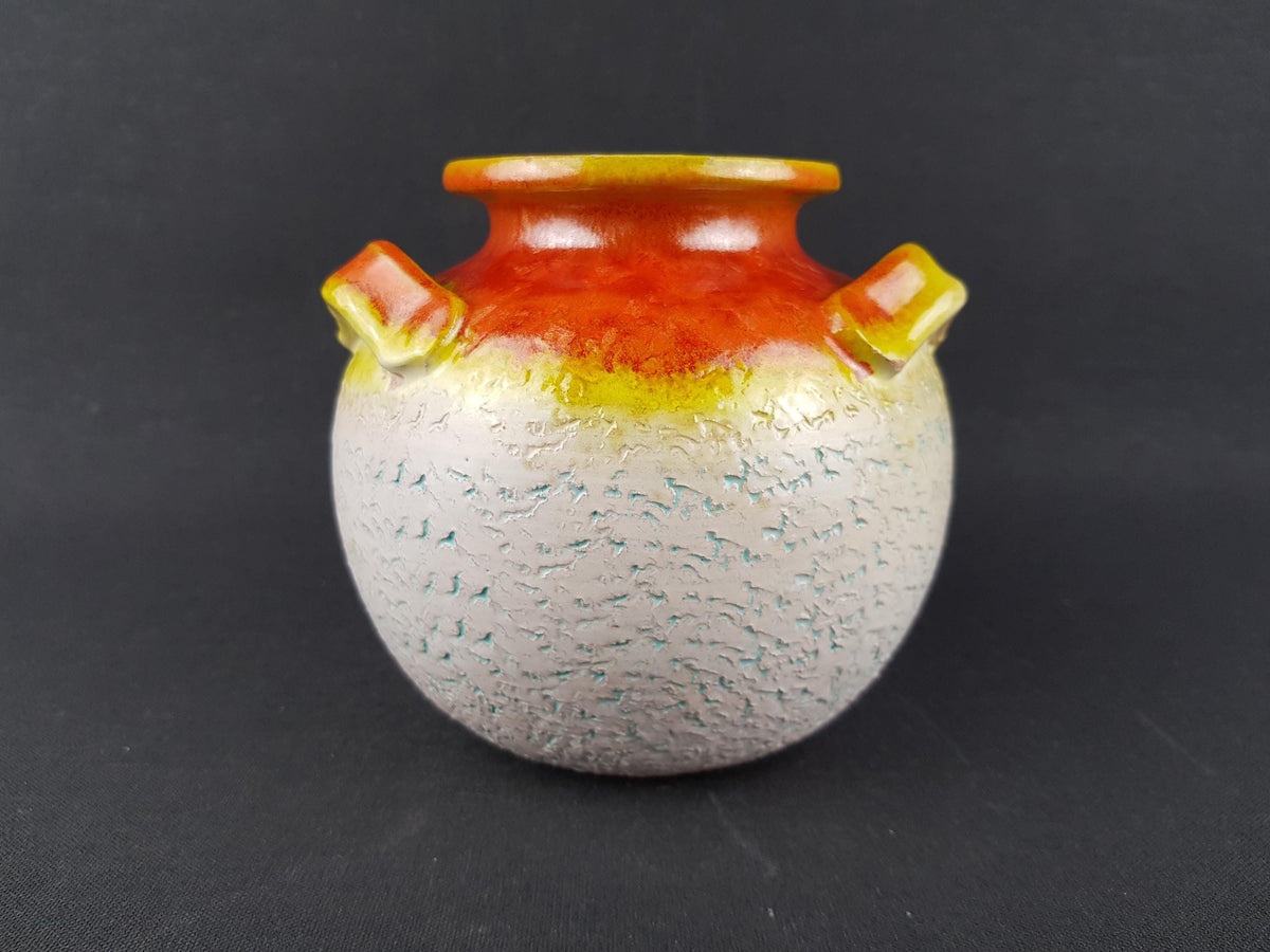 Vintage CERAMICHE TOSCANE White Triple Handled Vase with Orange and Yellow Glaze 1960's