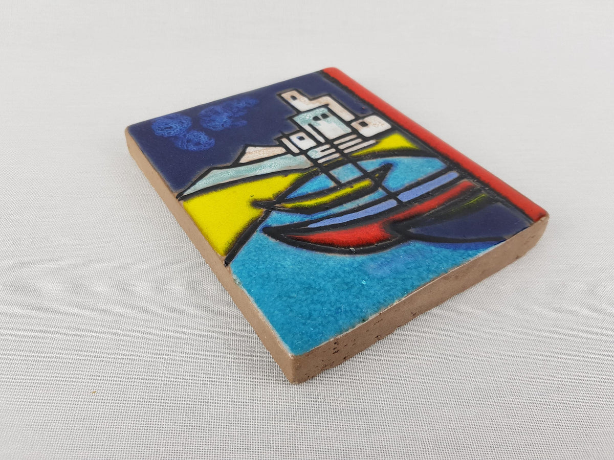 Rare Vintage RUSCHA KERAMIK Blue Wall Tile with Boat Decor by Adele Bolz 783/2 West German Pottery 1960s
