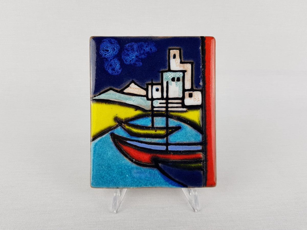 Rare Vintage RUSCHA KERAMIK Blue Wall Tile with Boat Decor by Adele Bolz 783/2 West German Pottery 1960s