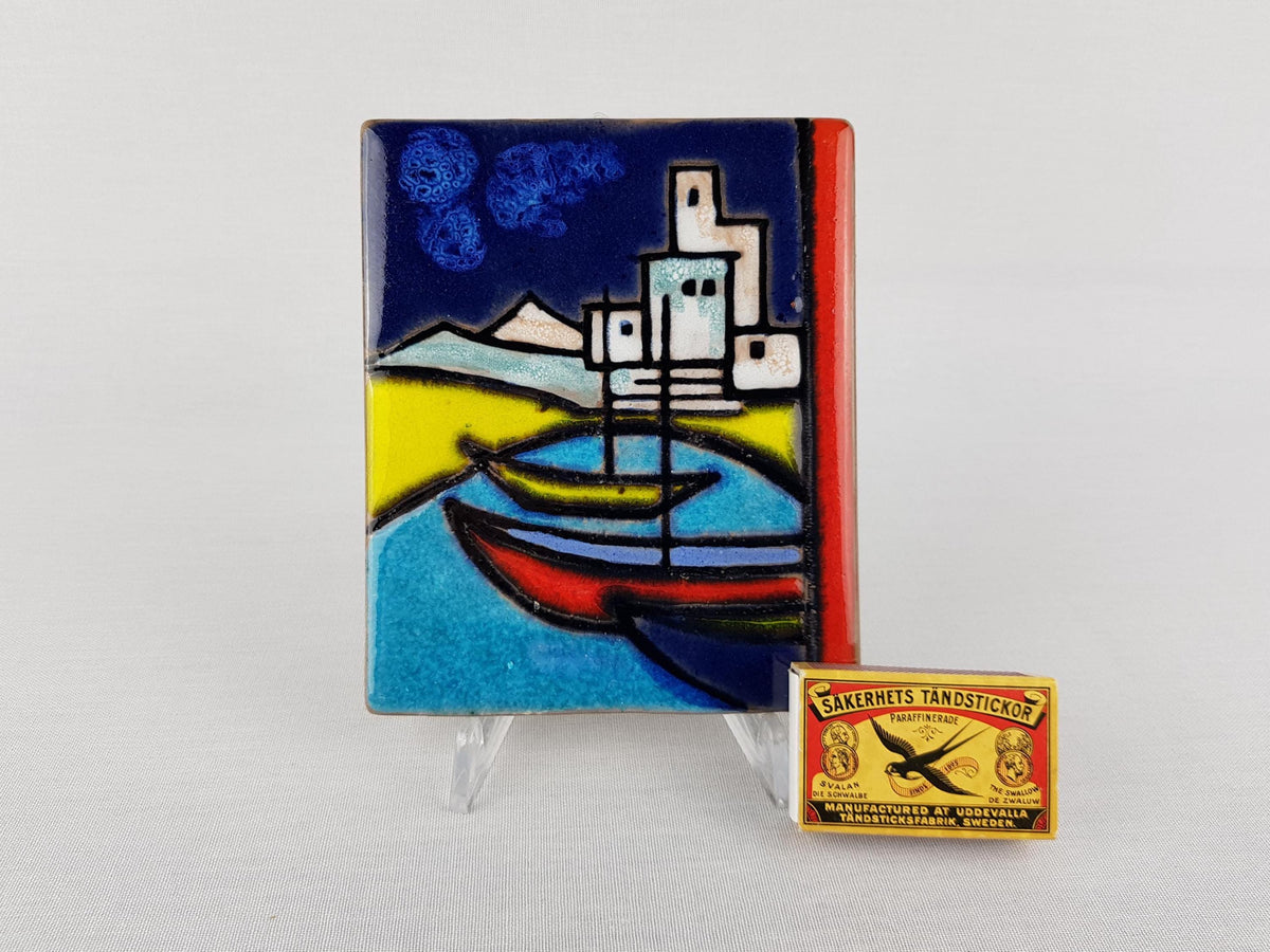 Rare Vintage RUSCHA KERAMIK Blue Wall Tile with Boat Decor by Adele Bolz 783/2 West German Pottery 1960s