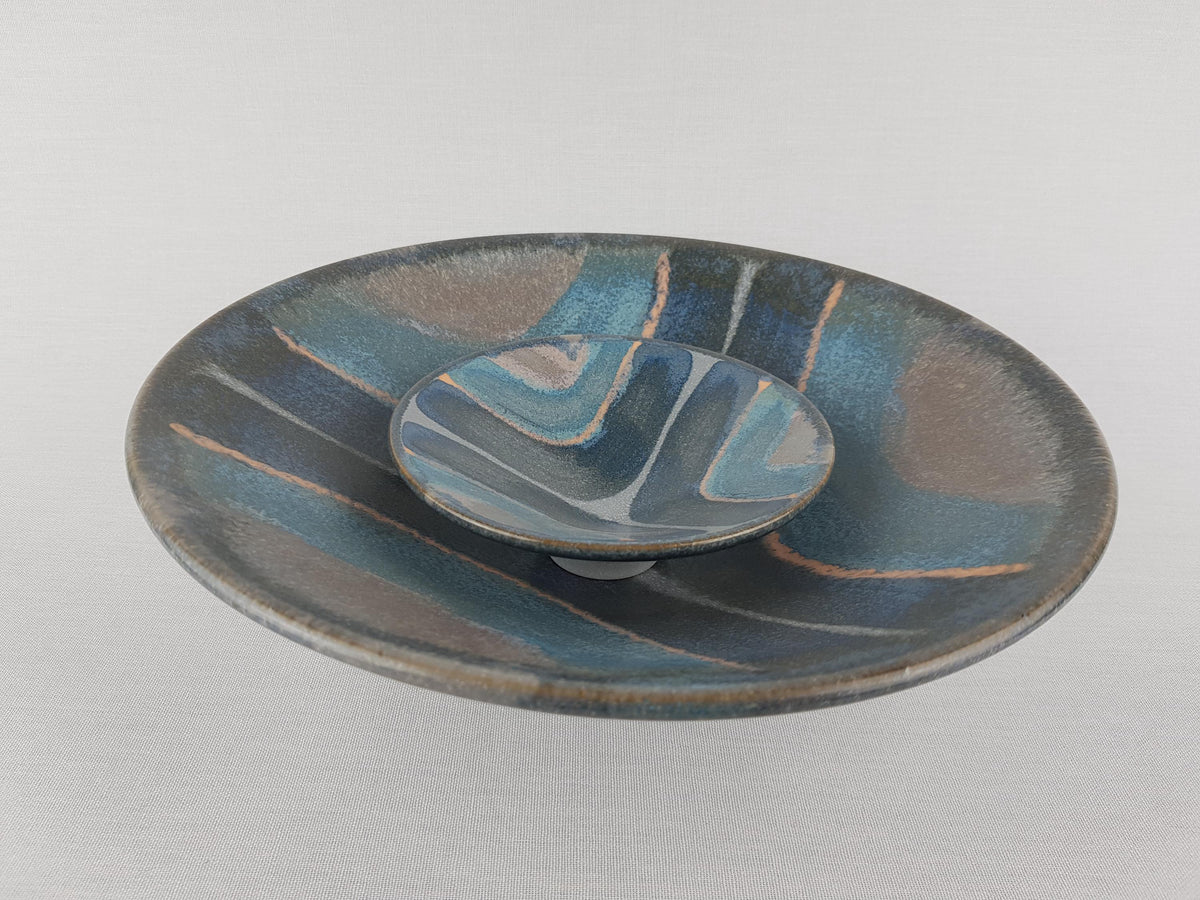 Vintage KMK (Keramik Manufaktur Kupfermühle) Set of 2 Blue and Grey bowls with Blue Orlando Decor by Gisela Biomart 1970s