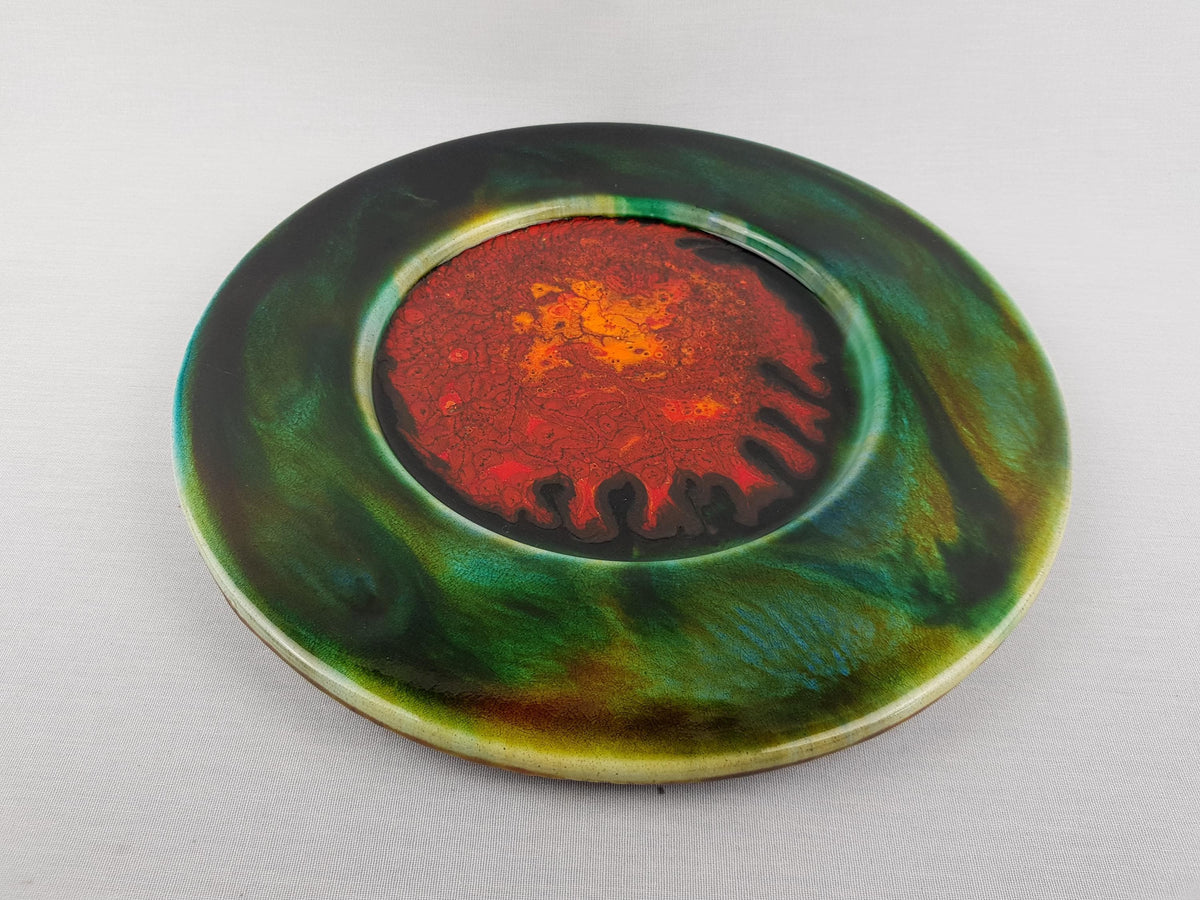Vintage GRUNSTADT Green and Orange Wall Plaque West German Pottery by Reiner Gehrig 1970s