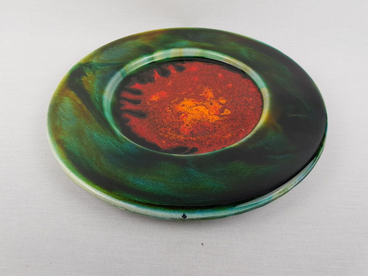 Vintage GRUNSTADT Green and Orange Wall Plaque West German Pottery by Reiner Gehrig 1970s