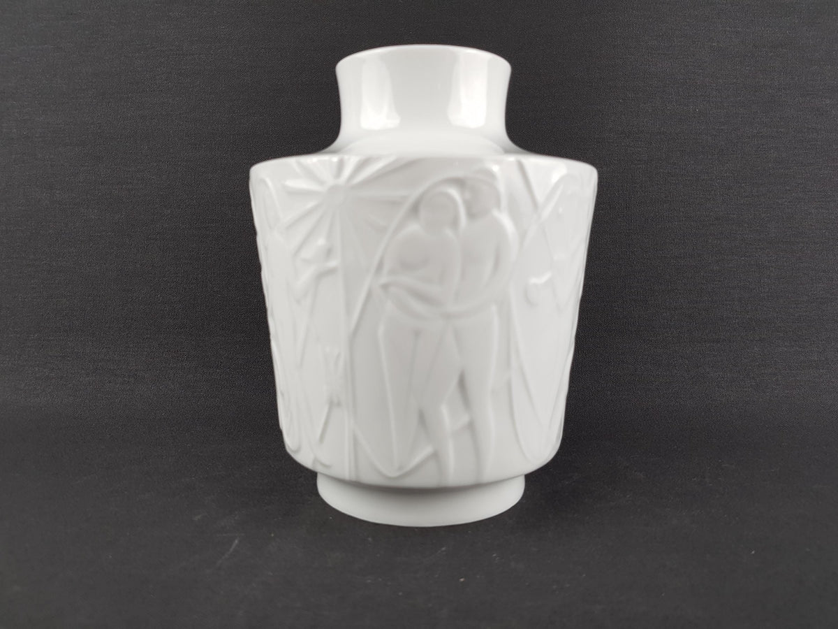 Vintage EDELSTEIN PORZELLAN White Glossy Vase with "Menschen im Paradies" decor by Kurt Wendler 1965