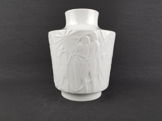 Vintage EDELSTEIN PORZELLAN White Glossy Vase with "Menschen im Paradies" decor by Kurt Wendler 1965