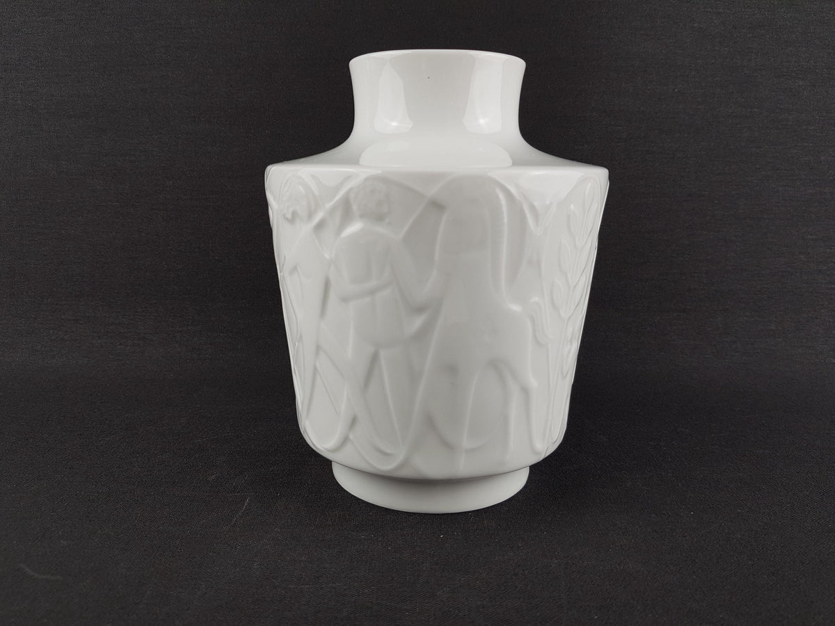 Vintage EDELSTEIN PORZELLAN White Glossy Vase with "Menschen im Paradies" decor by Kurt Wendler 1965