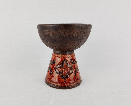 Vintage BITOSSI Brown Candle Holder with Incised Pattern Italian Pottery 1960s