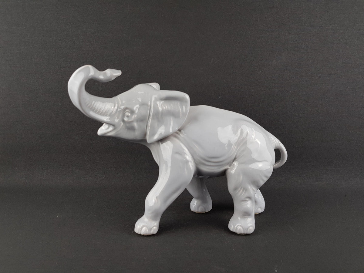 Vintage German Porcelain Elephant Figurine Grey White Ceramic Elephant Trunk Up GDR Graefenthal Style Good Luck Elephant Decor