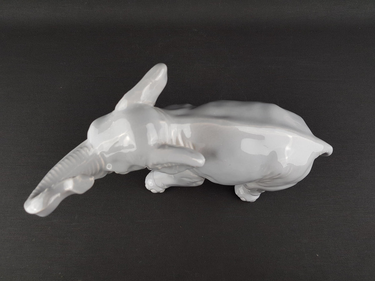 Vintage German Porcelain Elephant Figurine Grey White Ceramic Elephant Trunk Up GDR Graefenthal Style Good Luck Elephant Decor