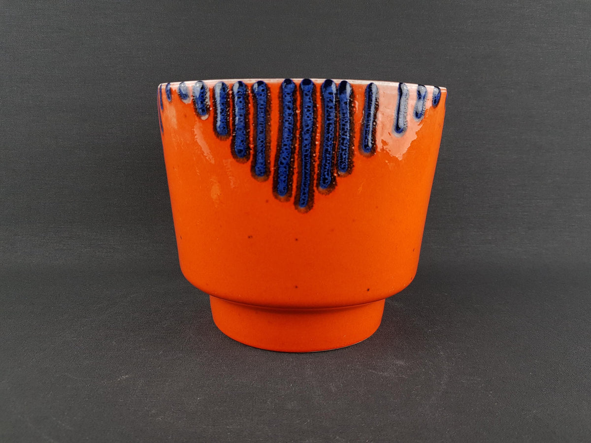 Vintage West German Pottery Orange with Blue Fat Lava Glaze Planter Flower Cache Pot 1960-70s