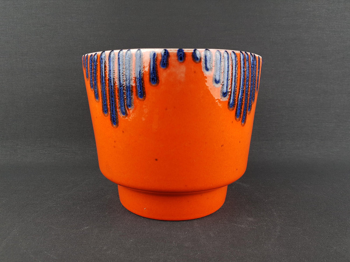 Vintage West German Pottery Orange with Blue Fat Lava Glaze Planter Flower Cache Pot 1960-70s