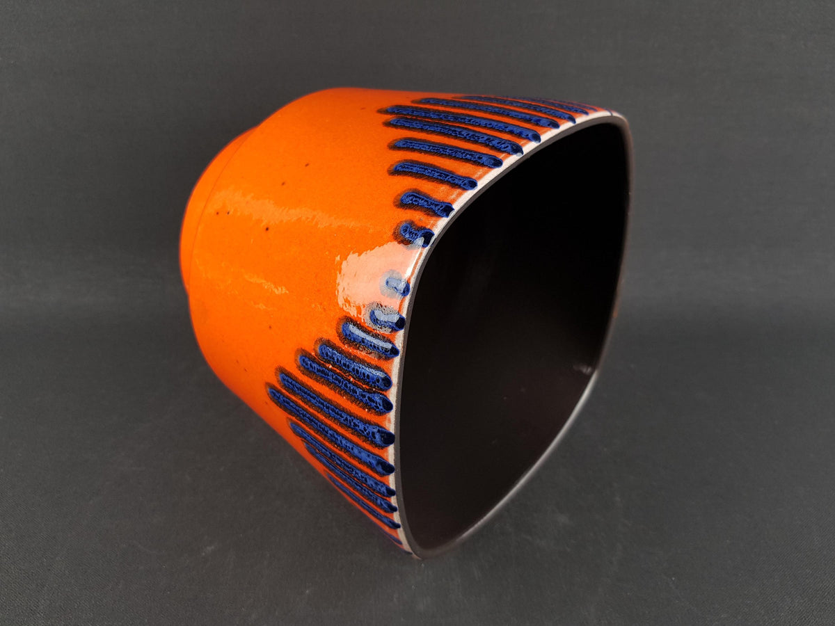 Vintage West German Pottery Orange with Blue Fat Lava Glaze Planter Flower Cache Pot 1960-70s