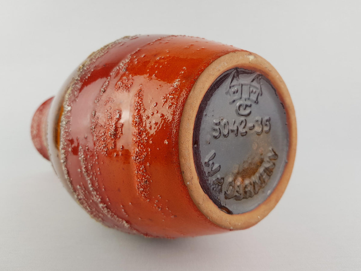 Vintage CARSTENS TONNIESHOF Orange/ Red and Brown Fat Lava Vase with Shimmering Glaze 5042-35 West German Pottery 1970s