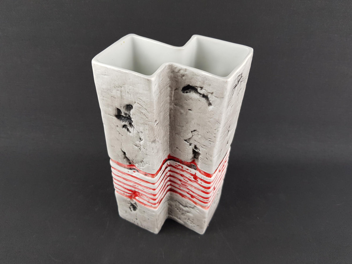 Vintage GEROLD PORZELLAN White Porcelain Vase With Red Lines 7600 West Germany 1970s