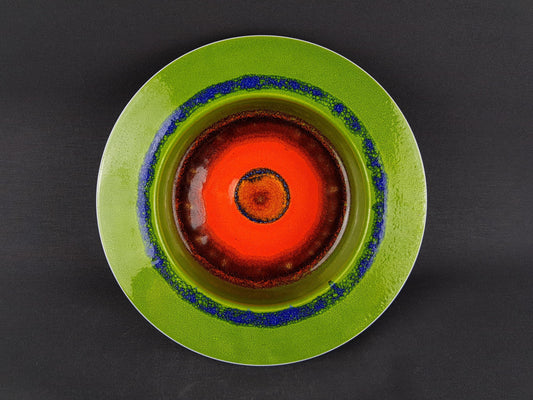 10" Vintage HUTSCHENREUTHER Green and Orange Bowl by Renee Neue West German Pottery 1970s