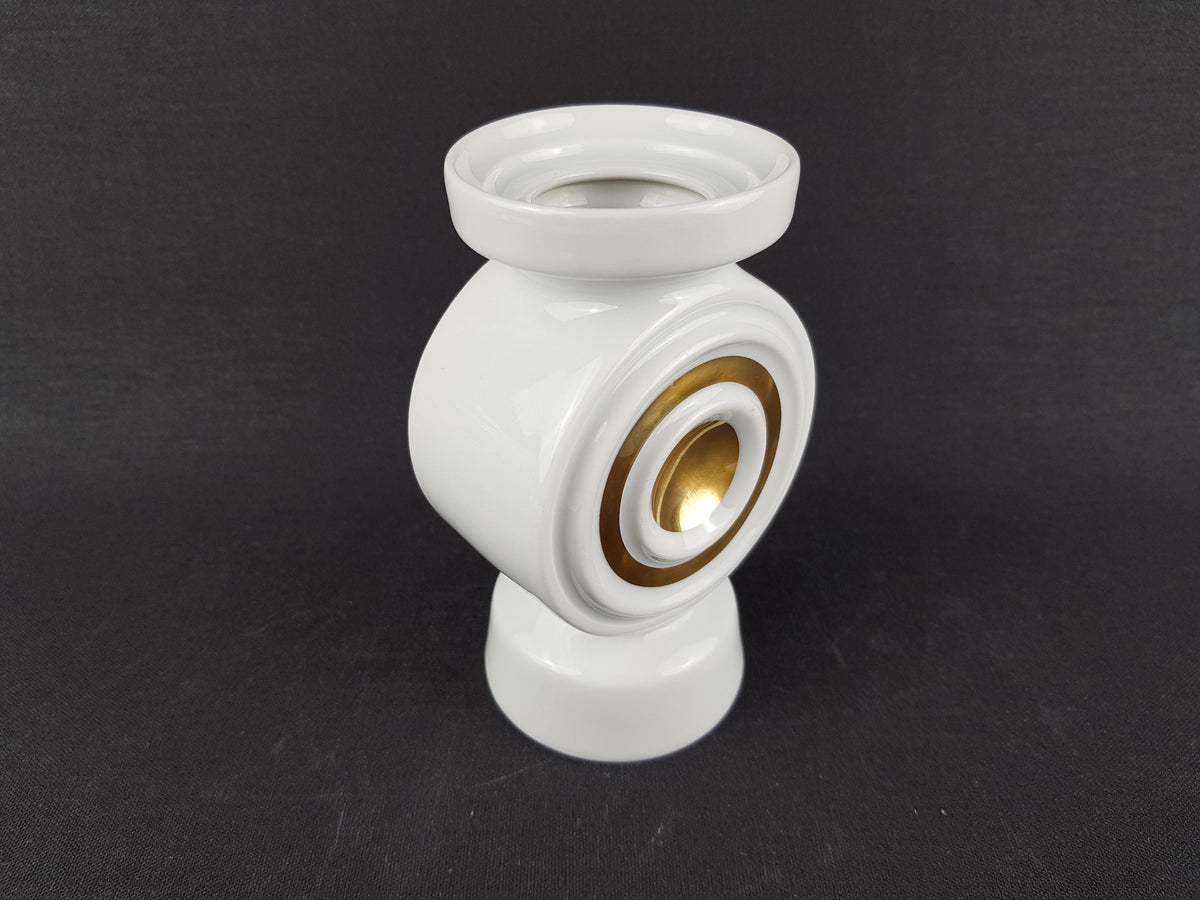 Vintage PLANKENHAMMER FLOSS BAVARIA White Porcelain Vase / Candle Holder with Golden Circle West Germany 1970s