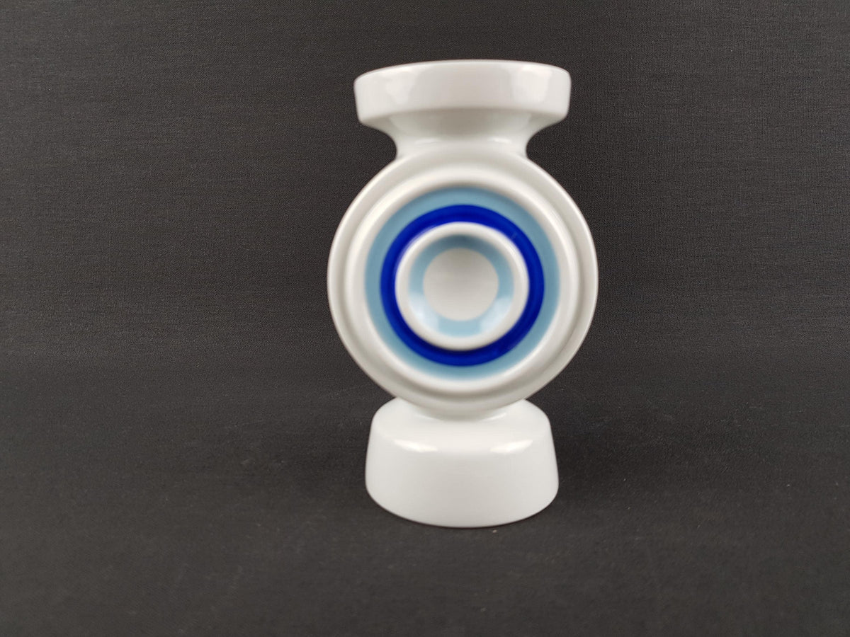 Vintage PLANKENHAMMER FLOSS BAVARIA White Porcelain Vase / Candle Holder with Light and Dark Blue Circles West Germany 1970s