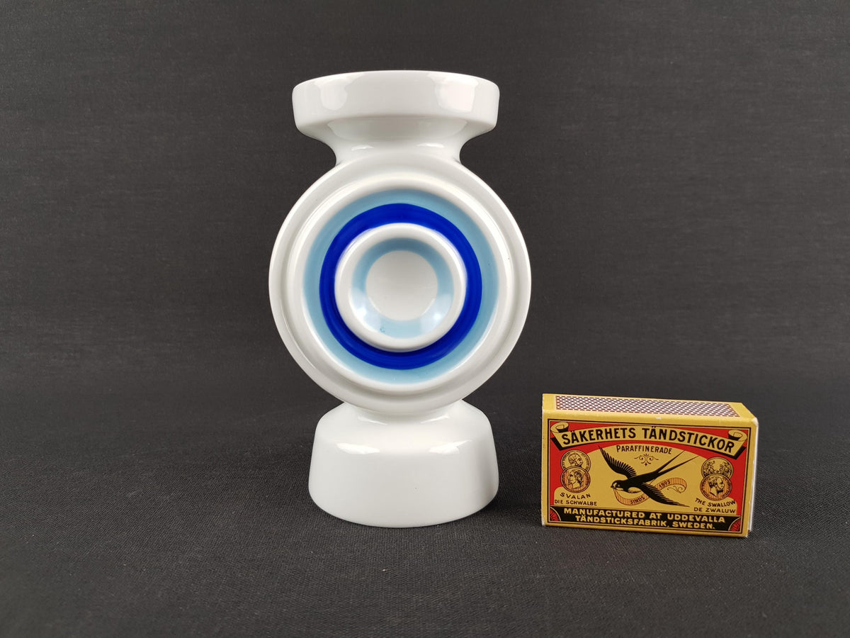 Vintage PLANKENHAMMER FLOSS BAVARIA White Porcelain Vase / Candle Holder with Light and Dark Blue Circles West Germany 1970s
