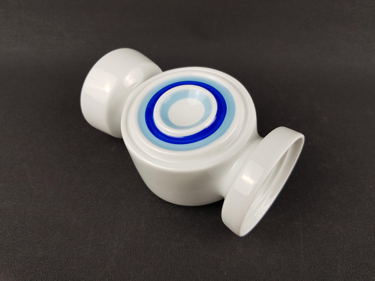 Vintage PLANKENHAMMER FLOSS BAVARIA White Porcelain Vase / Candle Holder with Light and Dark Blue Circles West Germany 1970s