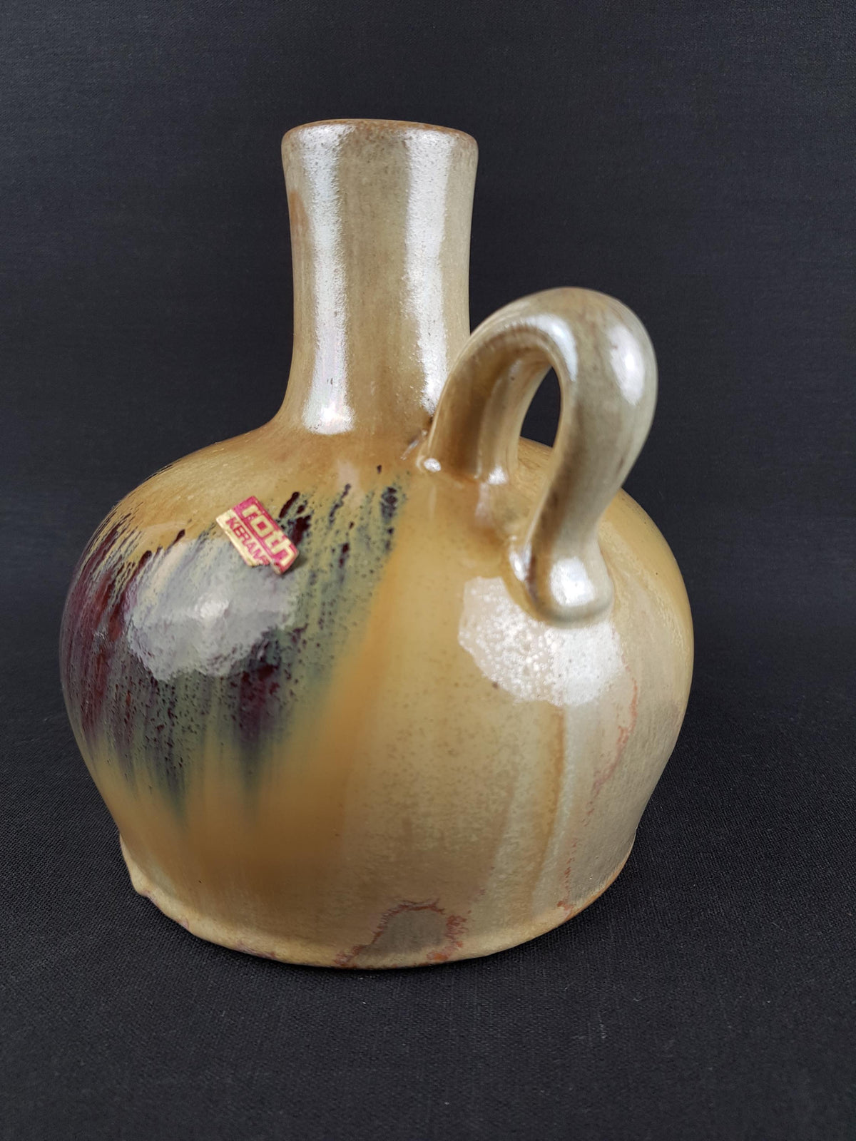 Vintage ROTH KERAMIK Handled Yellow and Purple/ Green Vase, West German Pottery 1960-70