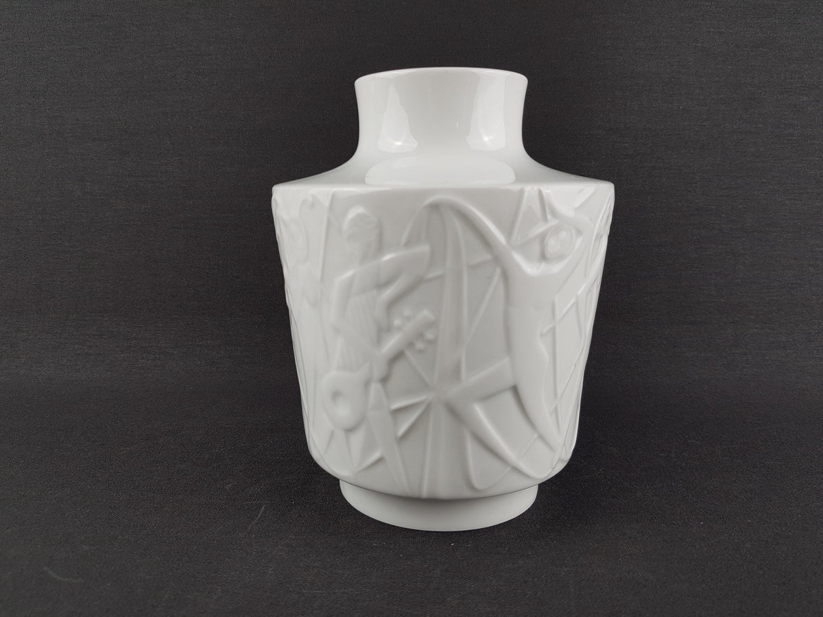 Vintage EDELSTEIN PORZELLAN White Glossy Vase with "Menschen im Paradies" decor by Kurt Wendler 1965