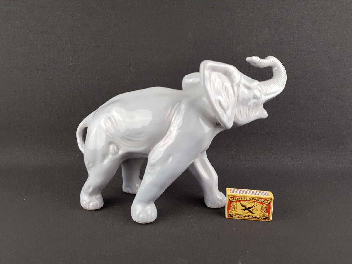Vintage German Porcelain Elephant Figurine Grey White Ceramic Elephant Trunk Up GDR Graefenthal Style Good Luck Elephant Decor