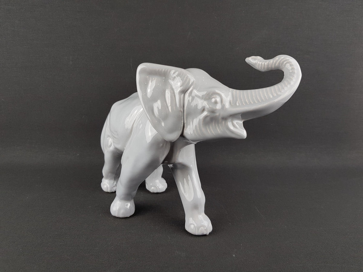 Vintage German Porcelain Elephant Figurine Grey White Ceramic Elephant Trunk Up GDR Graefenthal Style Good Luck Elephant Decor