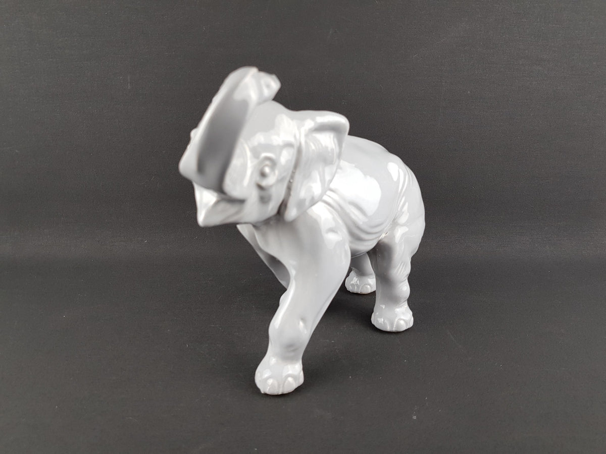 Vintage German Porcelain Elephant Figurine Grey White Ceramic Elephant Trunk Up GDR Graefenthal Style Good Luck Elephant Decor