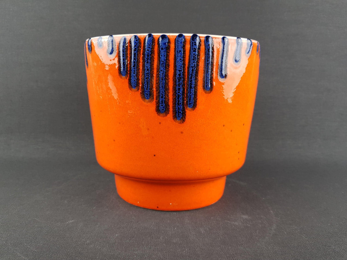 Vintage West German Pottery Orange with Blue Fat Lava Glaze Planter Flower Cache Pot 1960-70s