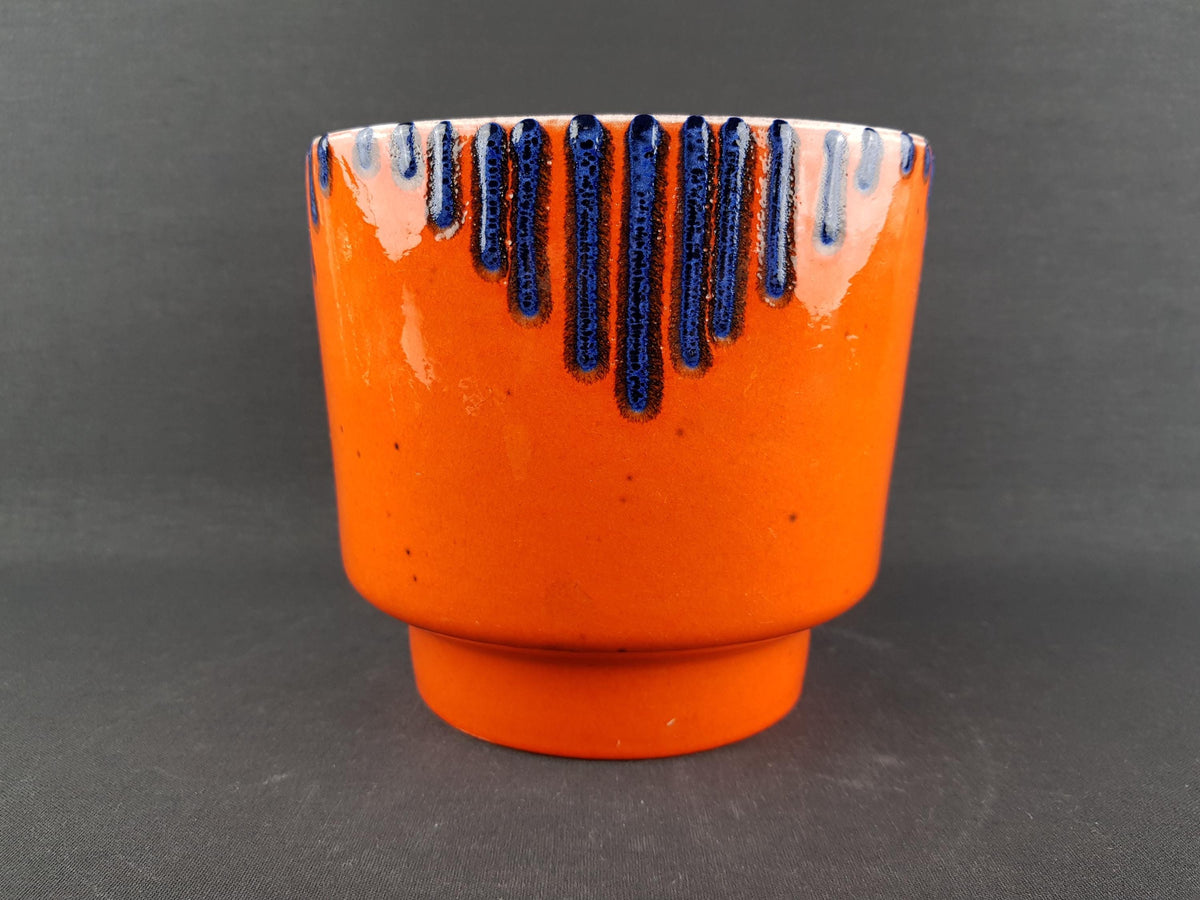 Vintage West German Pottery Orange with Blue Fat Lava Glaze Planter Flower Cache Pot 1960-70s