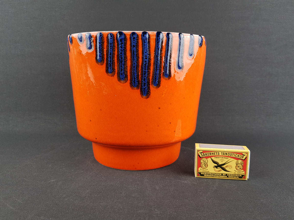 Vintage West German Pottery Orange with Blue Fat Lava Glaze Planter Flower Cache Pot 1960-70s