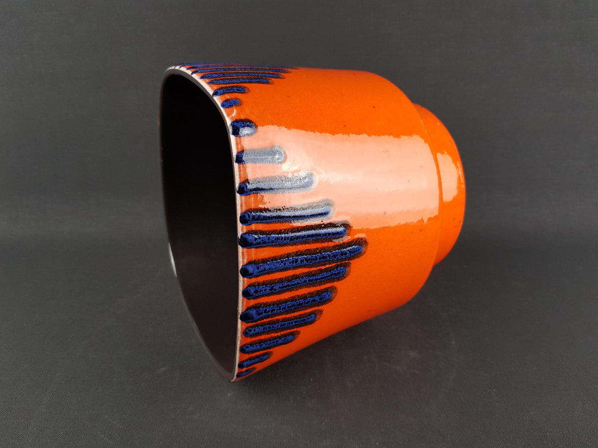 Vintage West German Pottery Orange with Blue Fat Lava Glaze Planter Flower Cache Pot 1960-70s