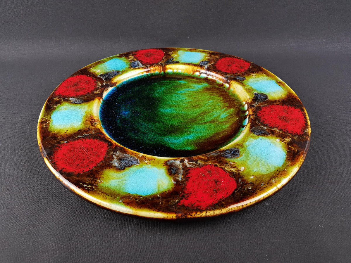 Vintage GRUNSTADT Red and Turquoise Wall Plaque West German Pottery by Reiner Gehrig 1970s