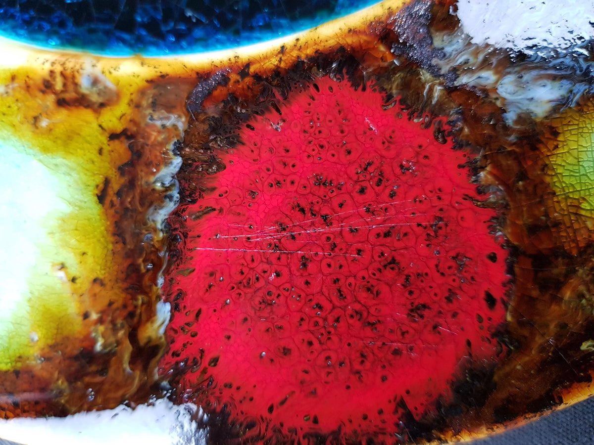 Vintage GRUNSTADT Red and Turquoise Wall Plaque West German Pottery by Reiner Gehrig 1970s