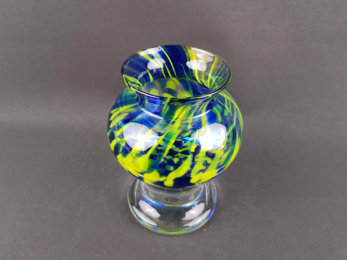 Vintage SEA GLASSWORKS Blue and Yellow (Sea of Sweden) Goblet Vase by Björn Ramel Sweden