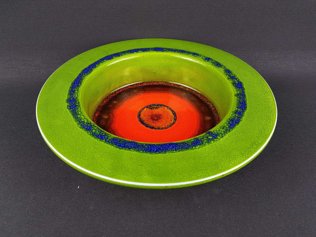 10" Vintage HUTSCHENREUTHER Green and Orange Bowl by Renee Neue West German Pottery 1970s