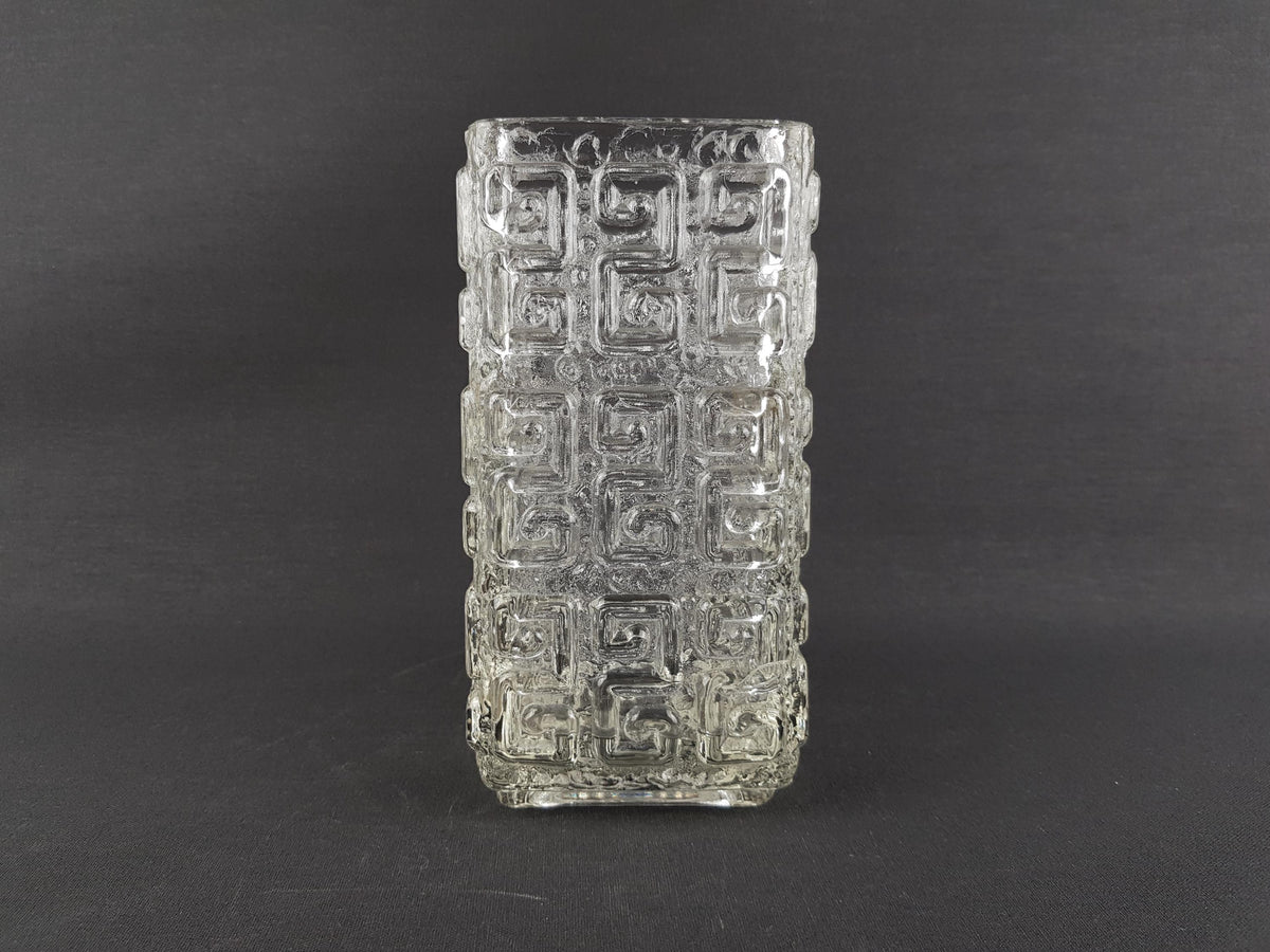 Vintage RIIHIMAEN LASI Clear Glass with Geometric Pattern Vase by Tamara Aladin 1960s