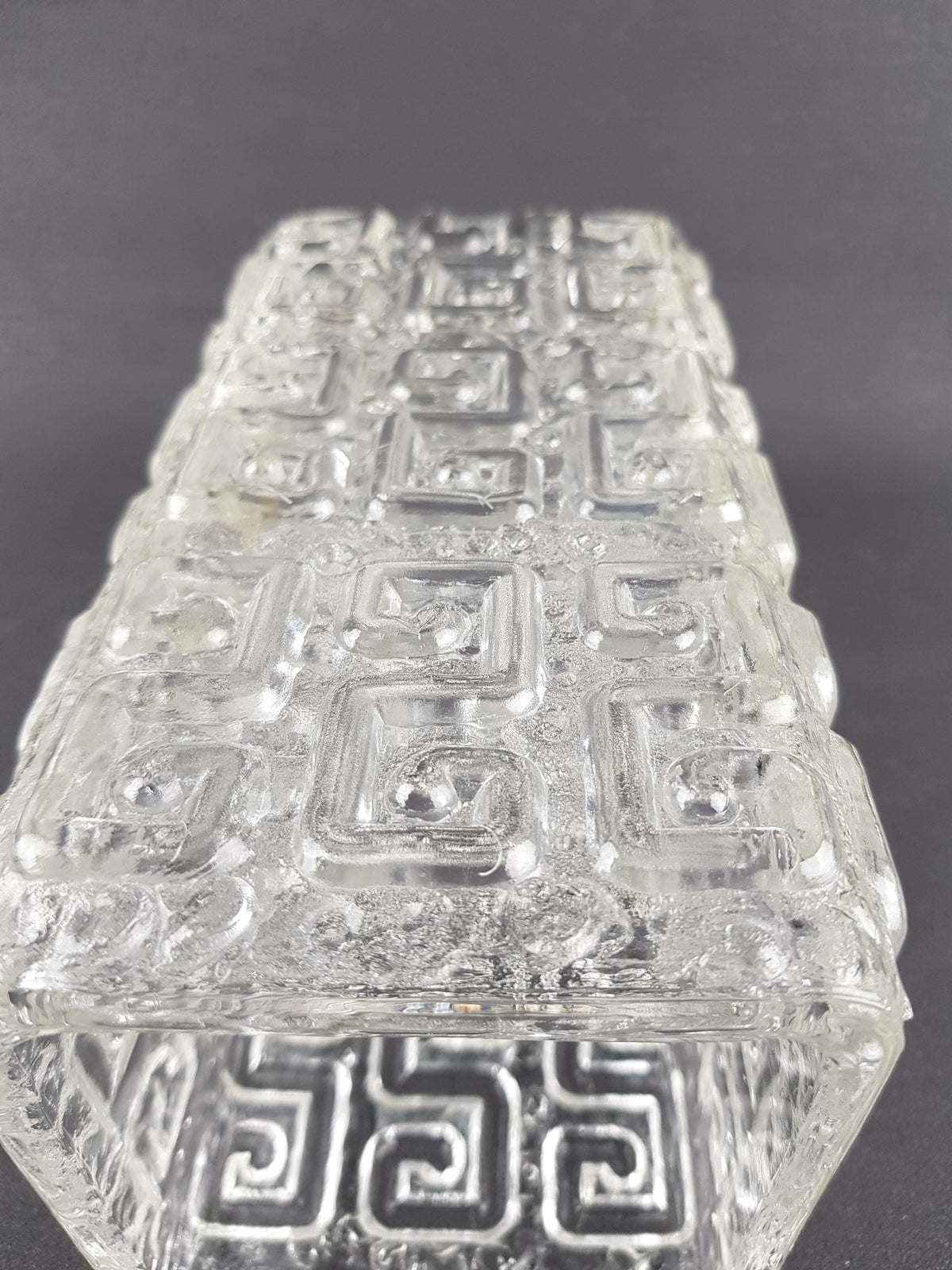 Vintage RIIHIMAEN LASI Clear Glass with Geometric Pattern Vase by Tamara Aladin 1960s