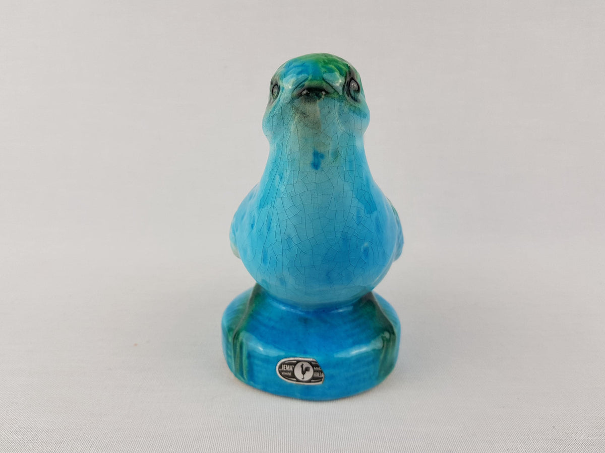 Vintage JEMA HOLLAND Blue and Green Bird Figurine with Craquele Glaze Dutch Holland Pottery 1960s 1970s