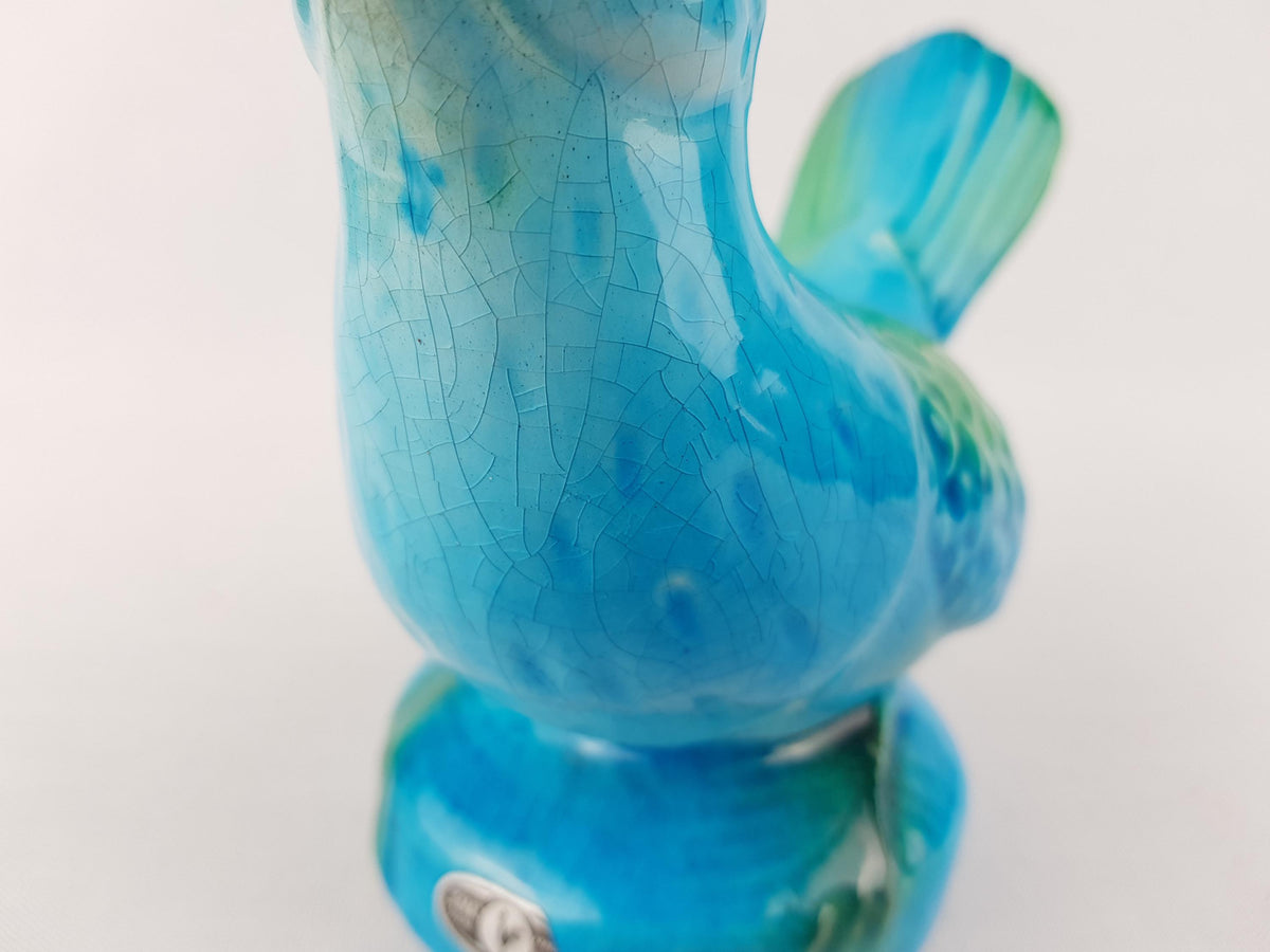 Vintage JEMA HOLLAND Blue and Green Bird Figurine with Craquele Glaze Dutch Holland Pottery 1960s 1970s