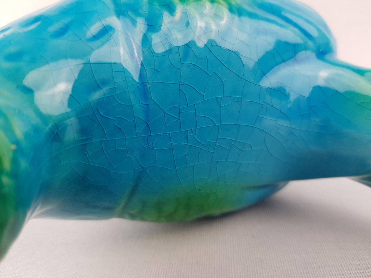 Vintage JEMA HOLLAND Blue and Green Bird Figurine with Craquele Glaze Dutch Holland Pottery 1960s 1970s