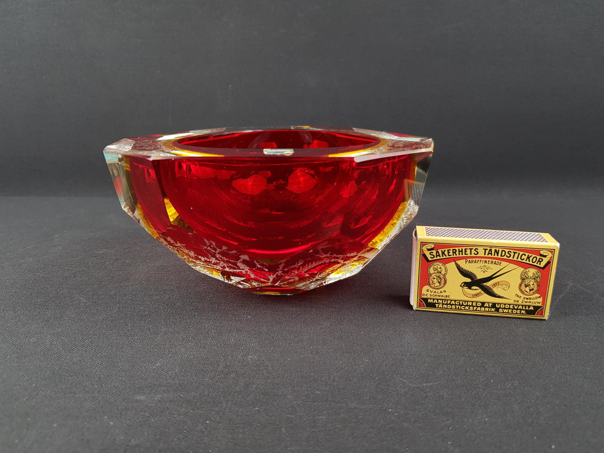 Vintage MURANO Sommerso Glass Bowl Alessandro Mandruzzato Red Yellow Frosted Art Glass Italy 1960s